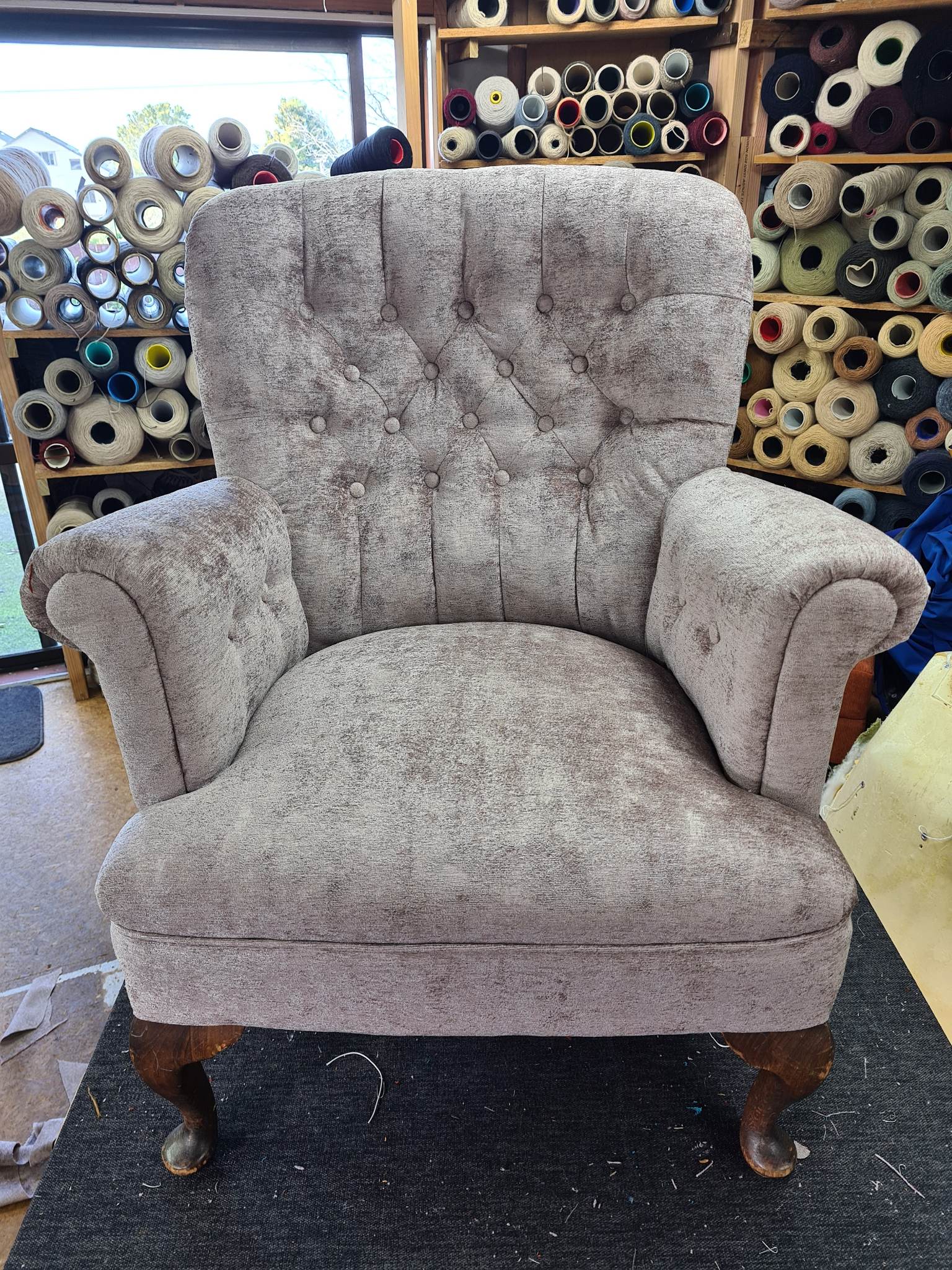 Upholstery work in progress in the Sunnynook workshop